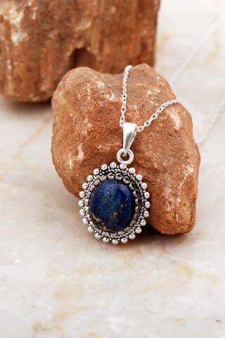 Lapis Lazuli Taşlı Telkari Elişi Oval Gümüş Kolye 8033
