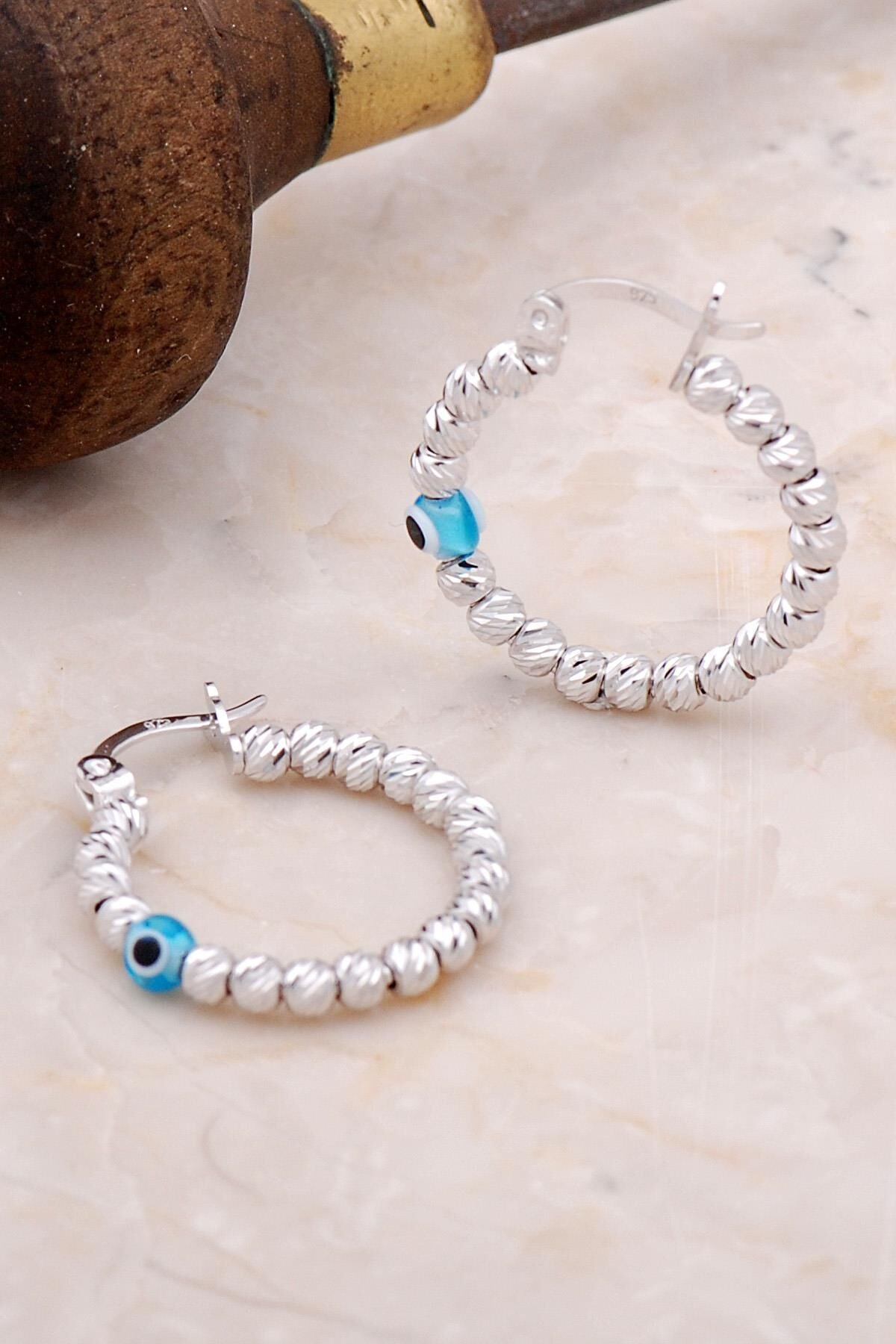 Toplu Dorika Nazar Boncuklu 925 Ayar Gümüş Halka Küpe 4952