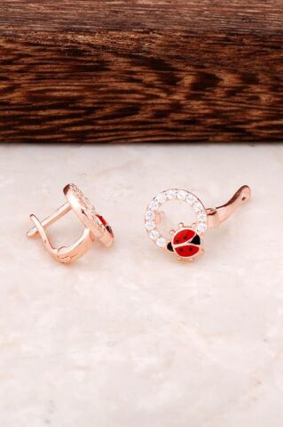 Uğur Böceği Tasarımlı Rose Gümüş  Küpe 4350