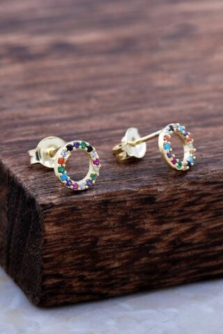 Halka Tamtur Renkli Taşlı Altın Kaplama Gümüş Küpe 6030