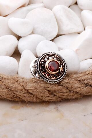 Lal Taşlı Ay Yıldız Elişi Gümüş Rozet 33