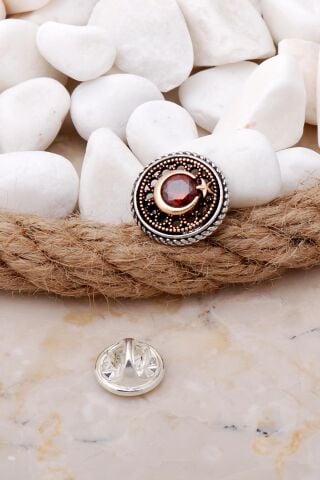 Lal Taşlı Ay Yıldız Elişi Gümüş Rozet 33