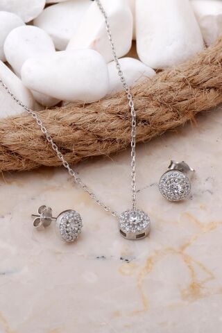 Elmas Montürlü Mini Rodyumlu Gümüş Set 2543