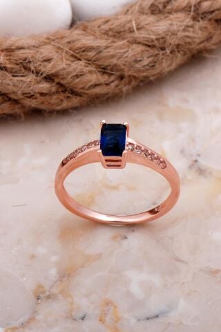 Safir Taşlı Baget Rose Gümüş Yüzük 3691