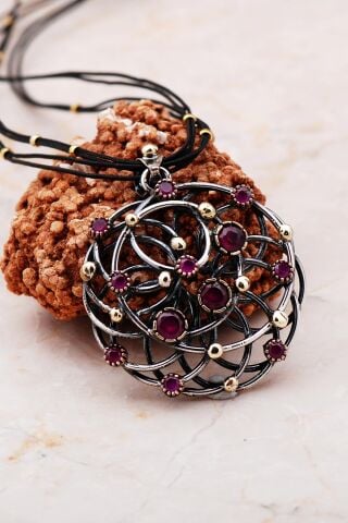 Kök Yakut Taşlı Tel Sarma Elişi Gümüş kolye 7287