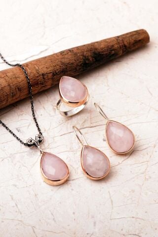 Taşlı Tasarım Elişi 925 Ayar Gümüş Damla Set 2863