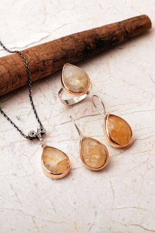 Taşlı Tasarım Elişi 925 Ayar Gümüş Damla Set 2863