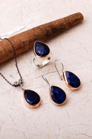 Taşlı Tasarım Elişi 925 Ayar Gümüş Damla Set 2863