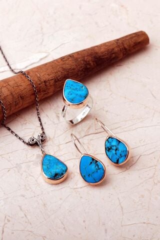 Taşlı Tasarım Elişi 925 Ayar Gümüş Damla Set 2863