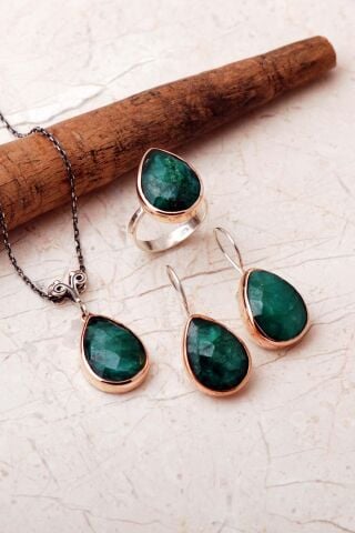 Taşlı Tasarım Elişi 925 Ayar Gümüş Damla Set 2863