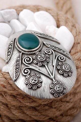 Yeşim ve Markazit Taşlı Tasarım Gümüş Madalyon Kolye 7511