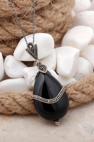 Oniks ve Markazit Taşlı Damla Gümüş Kolye 7514