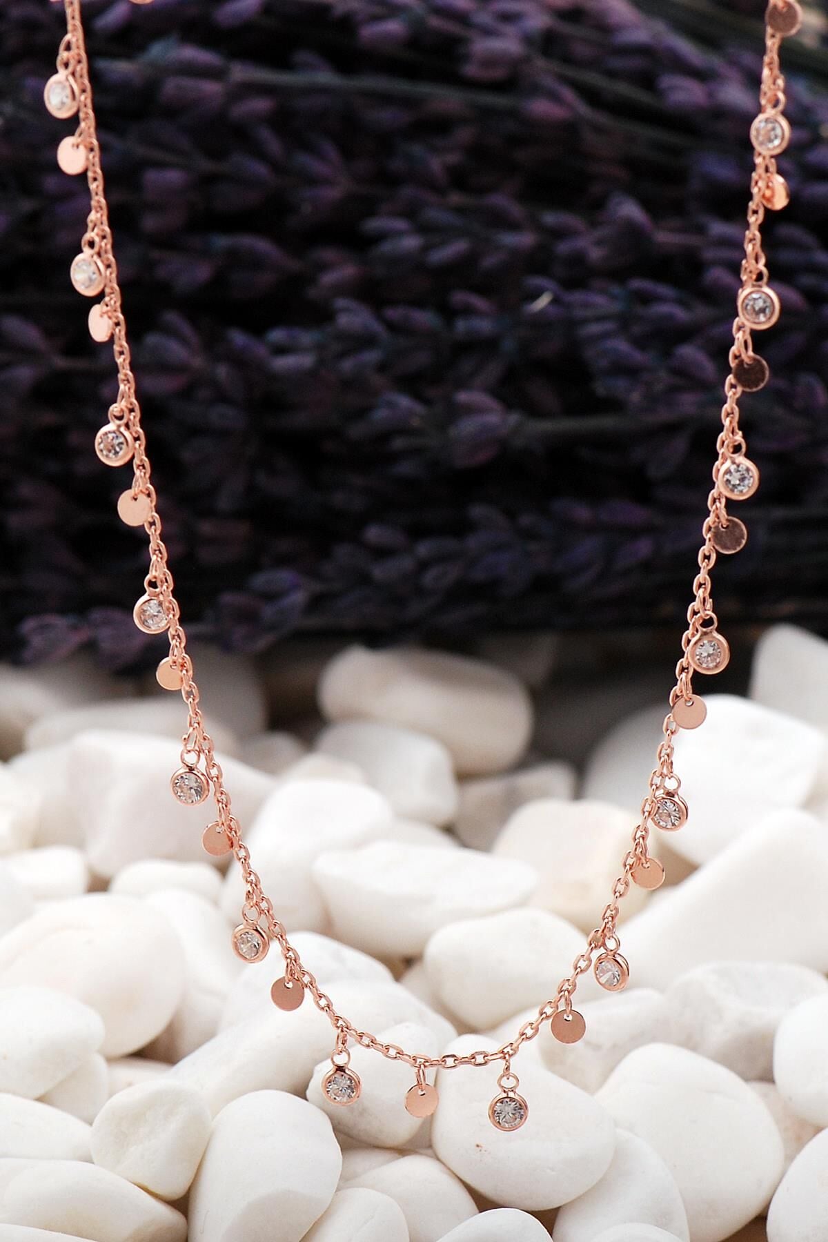 Sıra Taş ve Pullu Rose Gümüş Choker Kolye 09