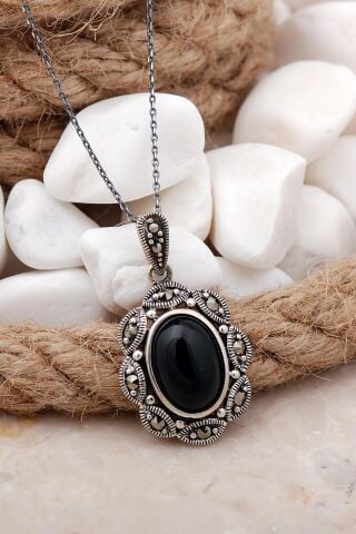 Oniks ve Markazit Taşlı Gümüş Kolye 7515