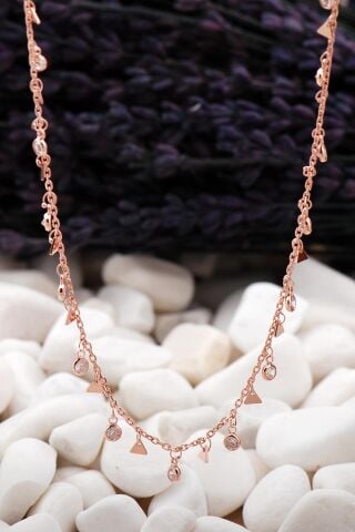 Sıra Taş ve üçgen Rose Gümüş Choker Kolye 10