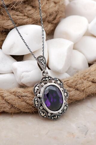Ametist ve Markazit Taşlı Gümüş Kolye 7516