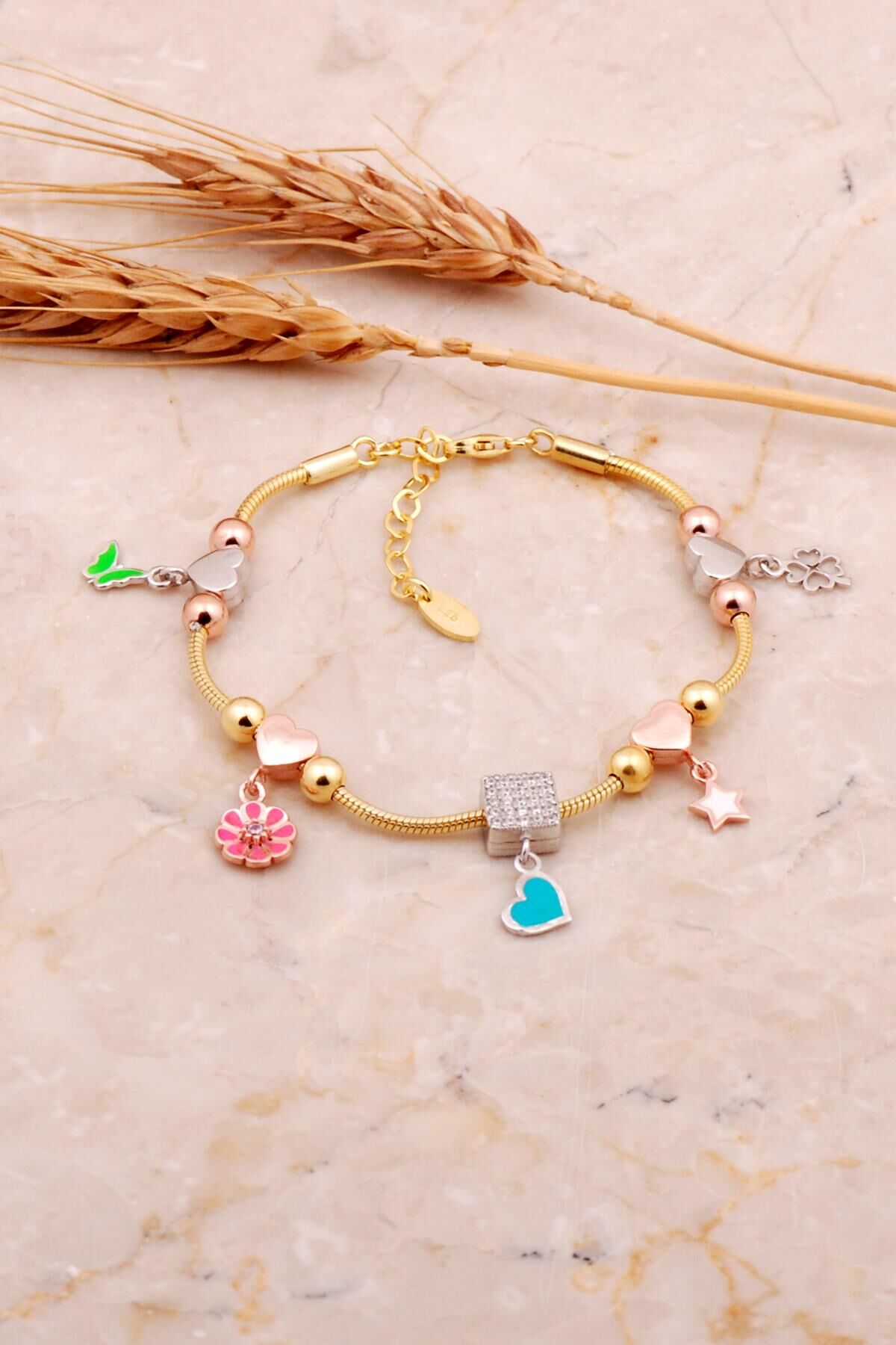 Mineli Altın Kaplama Gümüş Kalp Şans Bileklik 4517