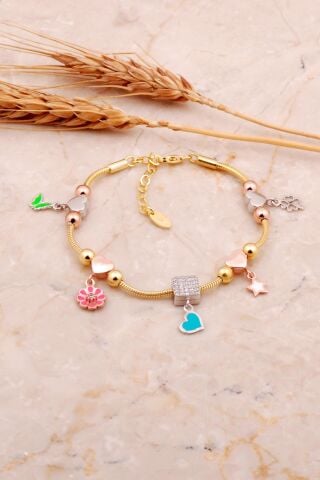 Mineli Altın Kaplama Gümüş Kalp Şans Bileklik 4517