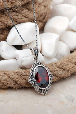Granat ve Markazit Taşlı Gümüş Kolye 7518