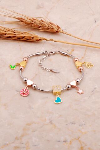 Mineli Rodyumlu Gümüş Kalp Şans Bileklik 4518