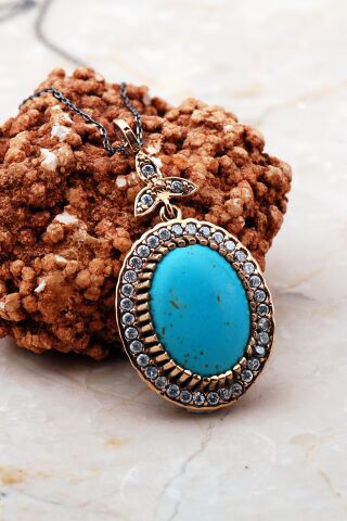 Doğal Turkuaz Taşlı Elişi Gümüş Kolye 7295