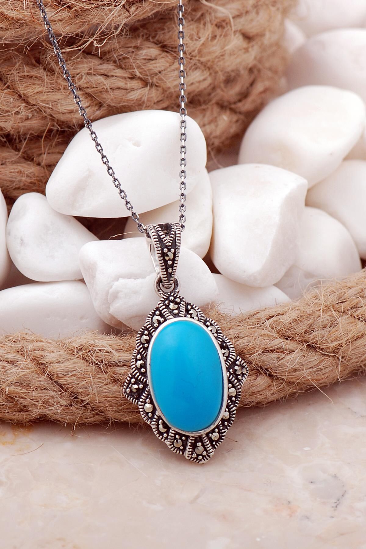 Firuze ve Markazit Taşlı Gümüş Kolye 7519