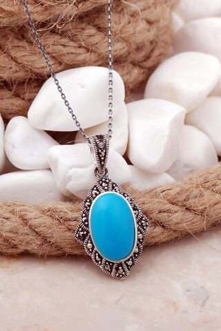 Firuze ve Markazit Taşlı Gümüş Kolye 7519