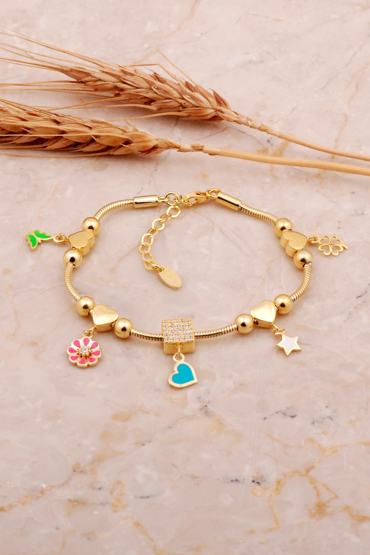 Mineli Altın Kaplama Gümüş Kalp Şans Bileklik 4519