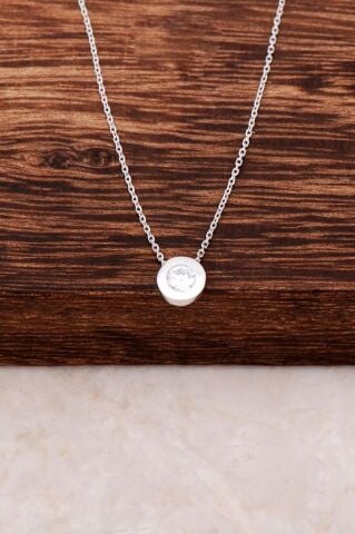 Rodyumlu Tek Taş Tasarım Gümüş Kolye 3085