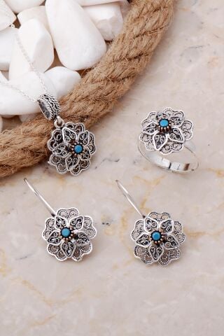 Turkuaz Taşlı Çiçek Telkari Elişi Gümüş Set 2552