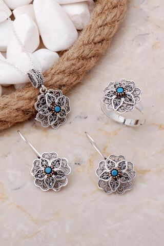 Turkuaz Taşlı Çiçek Telkari Elişi Gümüş Set 2552