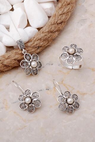 İncili Papatya Telkari Elişi Gümüş Set 2553