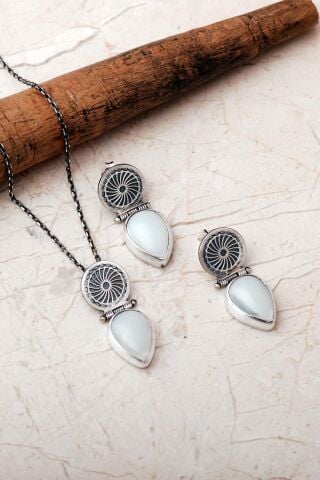 Sedef Taşlı Elişi Tasarım 925 Ayar Gümüş Damla Set 2864