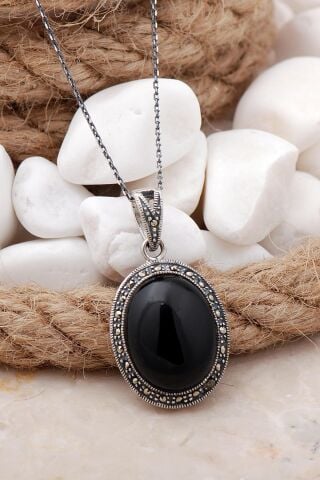Oniks ve Markazit Taşlı Gümüş Kolye 7522