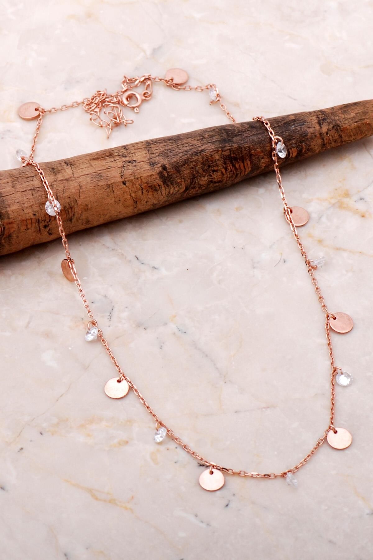 Pullu Sallantılı Taşlı Rose Gümüş Kolye 7108