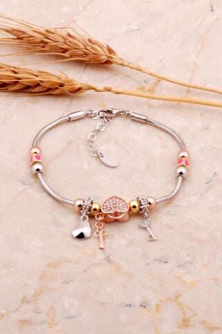 Kalp Tasarım Rodyumlu Mineli Gümüş Şans Bileklik 4522