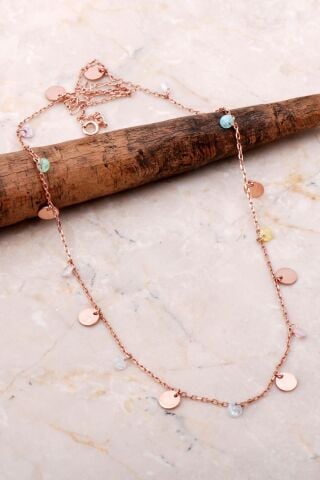 Pullu Sıra Taşlı Rose Gümüş Kolye 7109