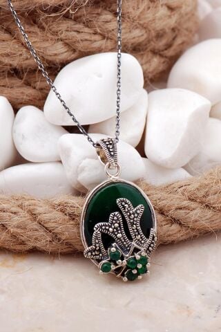 Yeşim ve Markazit Taşlı Dallı Gümüş Kolye 7525