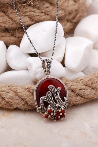 Akik ve Markazit Taşlı Dallı Gümüş Kolye 7526