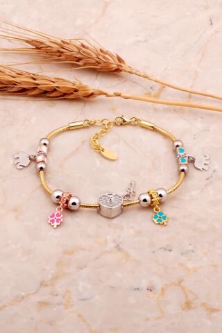 Kalp Tasarım Altın Kaplama Mineli Gümüş Şans Bileklik 4525