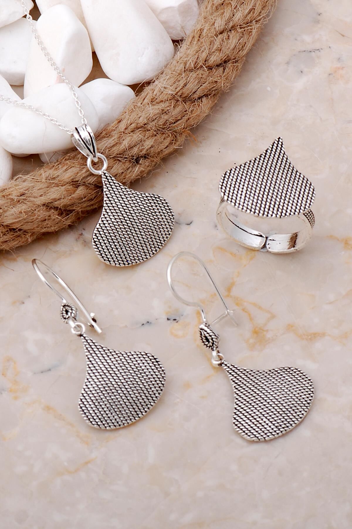 Damla Burgu Telkari Elişi Gümüş Set 2560