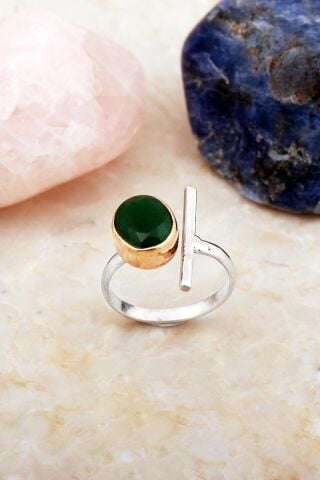 Kök Zümrüt Taşlı Elişi Asimetrik Tasarım Gümüş Yüzük 5905