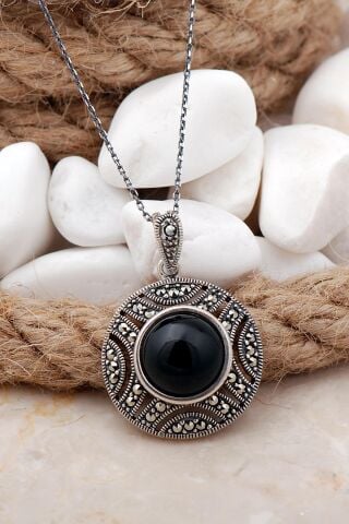 Oniks ve Markazit Taşlı Gümüş Kolye 7528