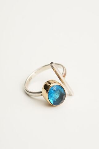 Akuamarin Taşlı Elişi Asimetrik Tasarım Gümüş Yüzük 5906