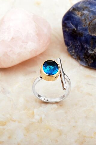 Akuamarin Taşlı Elişi Asimetrik Tasarım Gümüş Yüzük 5906