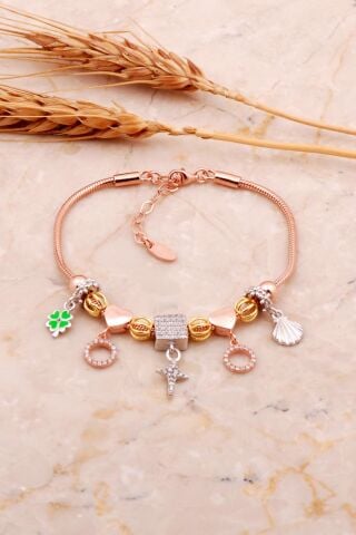 Kare Tasarım Mineli Rose Gümüş Şans Bileklik 4528