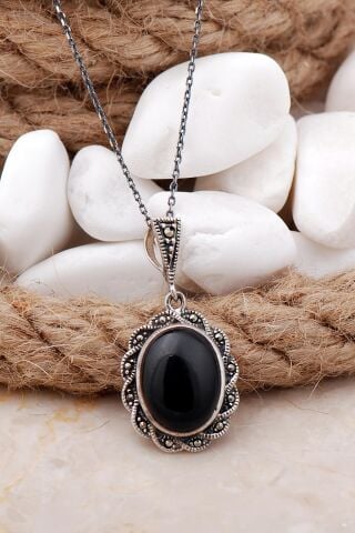 Oniks ve Markazit Taşlı Gümüş Kolye
