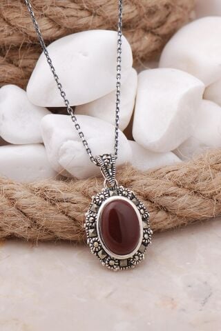 Akik ve Markazit Taşlı Gümüş Kolye 7530