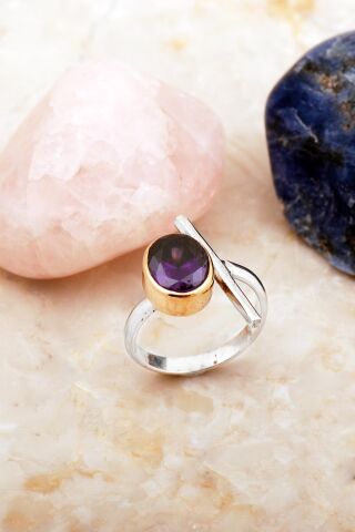 Ametist Taşlı Elişi Asimetrik Tasarım Gümüş Yüzük 5908
