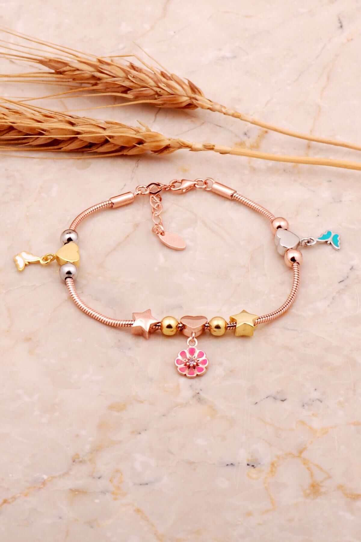 Kalp Tasarım Mineli Rose Gümüş Şans Bileklik 4531